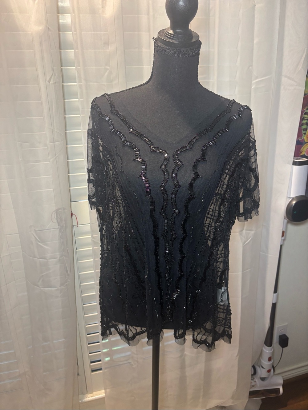 Marina Rinaldi Black Beaded Lace Short Sleeve Top
